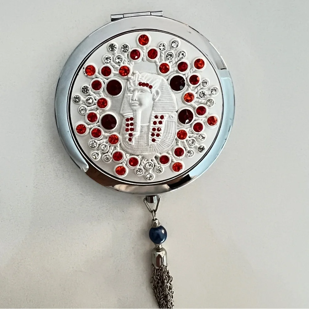 HAND MIRROR Egyptian Pharaoh Compact Magnified Purse silver-tone Rhinestones